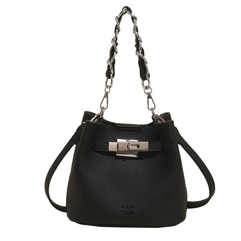 Retro black PU leather bucket shoulder bag with chain detail and adjustable strap