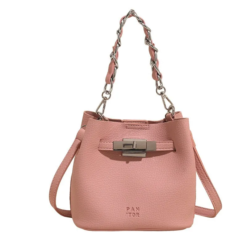 Retro black PU leather bucket shoulder bag with chain detail and adjustable strap