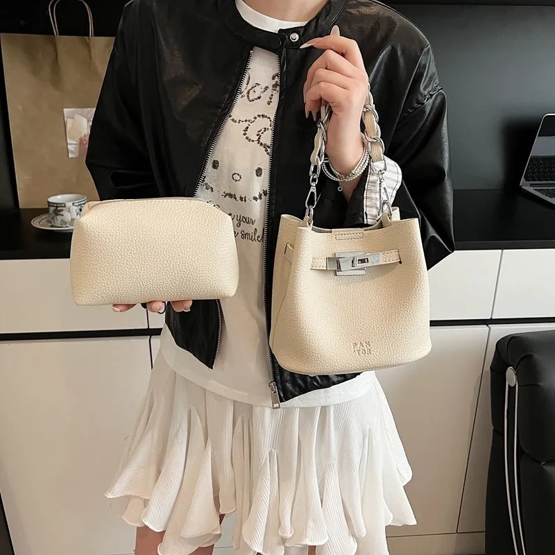 Retro black PU leather bucket shoulder bag with chain detail and adjustable strap