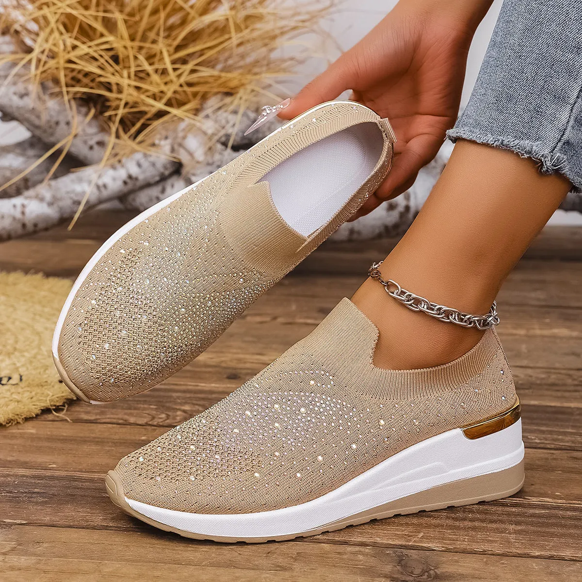 Women's wedge heel pumps with rhinestone detailing, round toe, slip-on design, breathable mesh upper, available in multiple colours and sizes 36-43