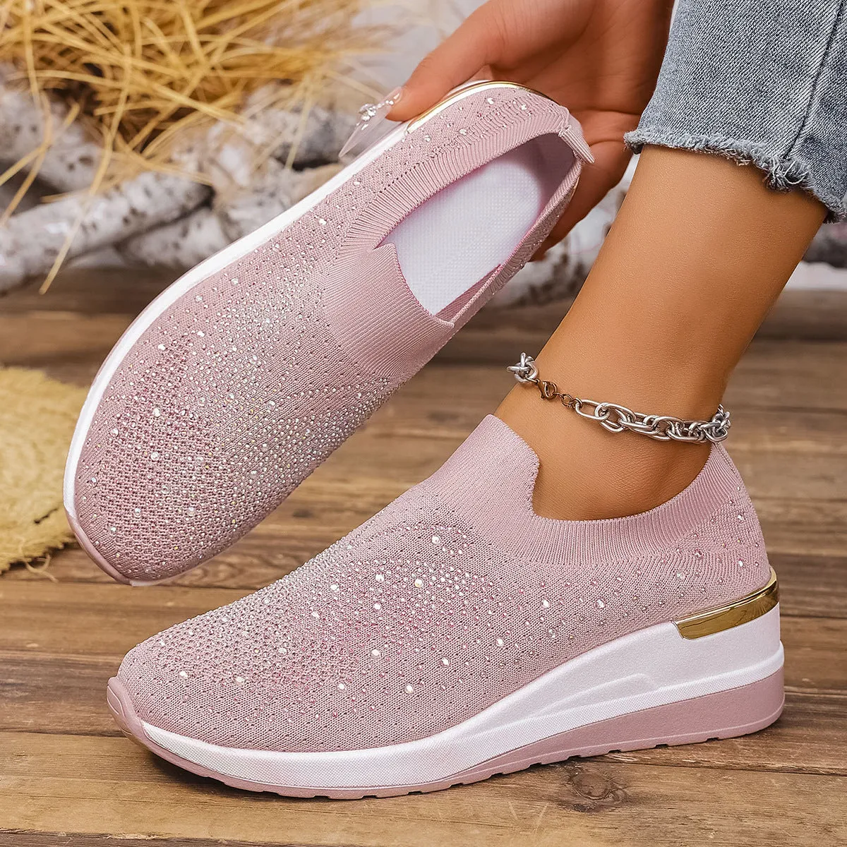 Women's wedge heel pumps with rhinestone detailing, round toe, slip-on design, breathable mesh upper, available in multiple colours and sizes 36-43