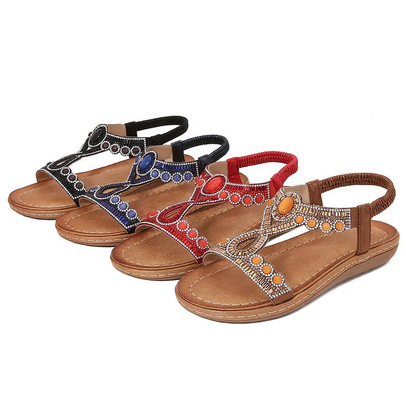Women's frosted bohemian sandals with rhinestone decoration, elastic band, and solid colour PU upper