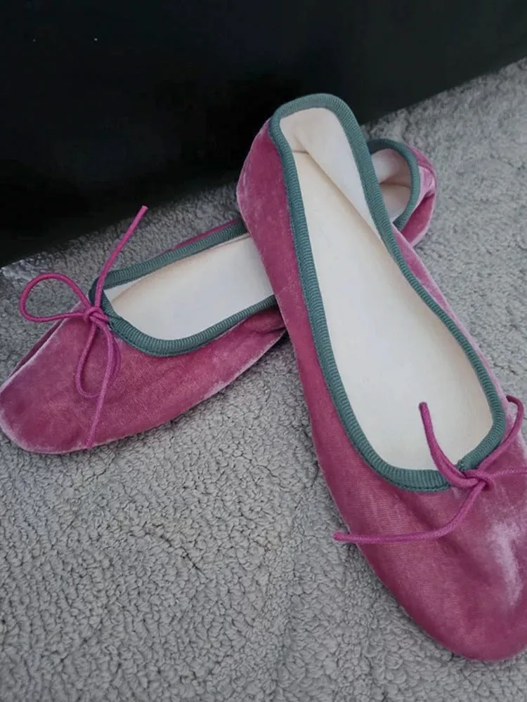 Peach pink suede French retro bow flat ballet slipper with low heel and round toe