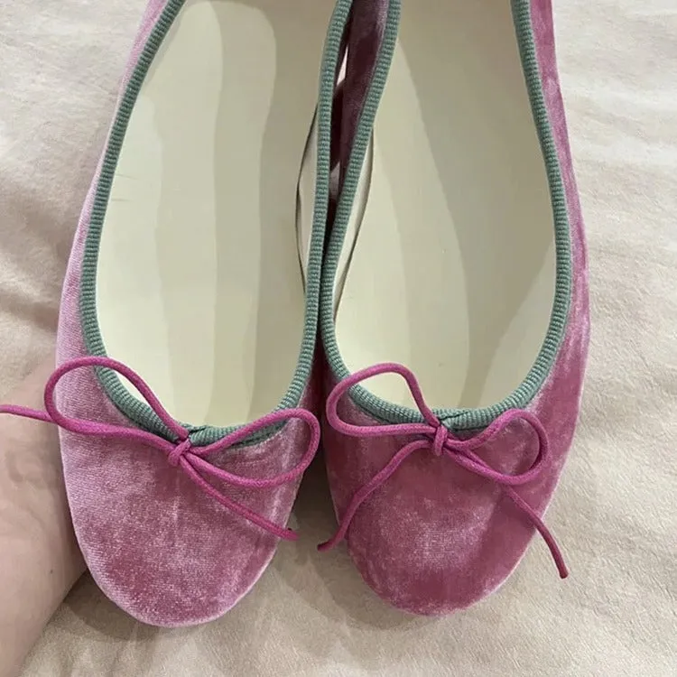 Peach pink suede French retro bow flat ballet slipper with low heel and round toe