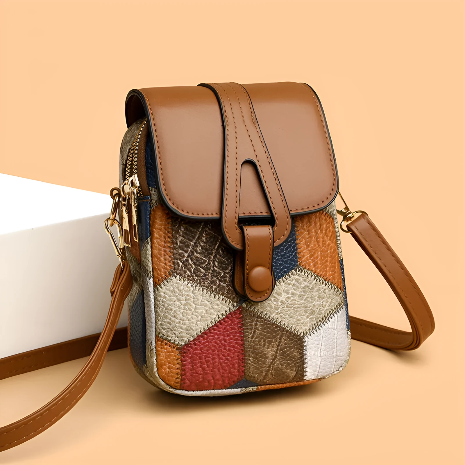 Urban Simplicity horizontal square PU leather crossbody pouch in irregular blue brown with single shoulder strap