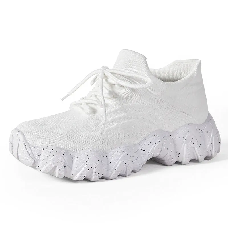 Lace-up fly-knit socks shoes with low heel platform sole, mesh upper, round toe, available in black and rose red