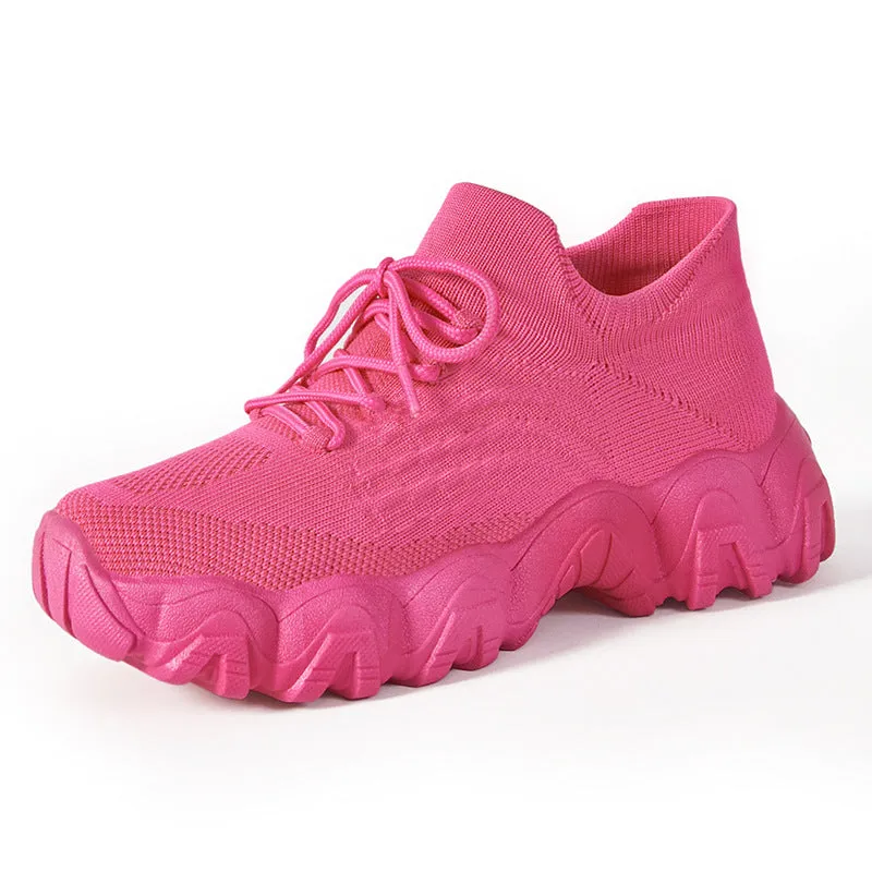 Lace-up fly-knit socks shoes with low heel platform sole, mesh upper, round toe, available in black and rose red