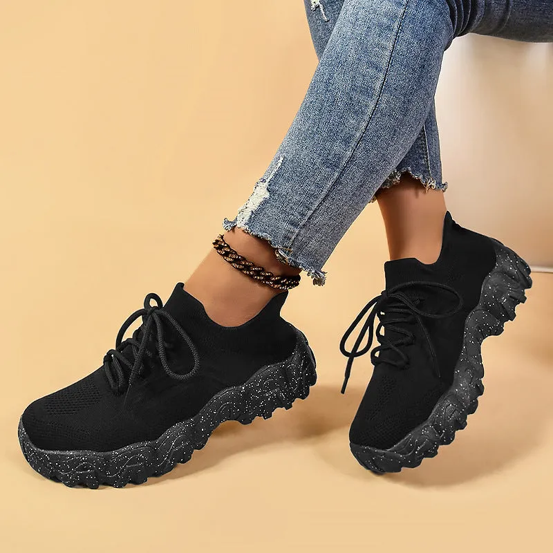 Lace-up fly-knit socks shoes with low heel platform sole, mesh upper, round toe, available in black and rose red