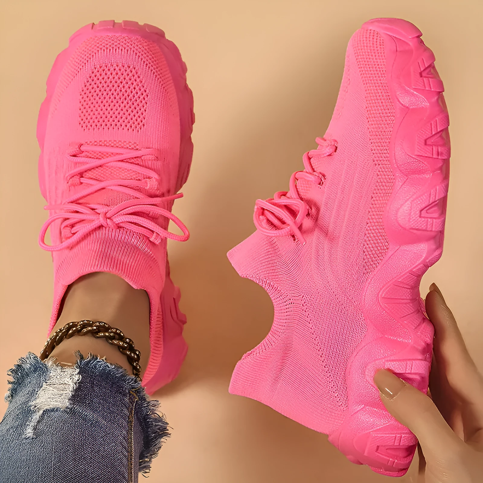 Lace-up fly-knit socks shoes with low heel platform sole, mesh upper, round toe, available in black and rose red