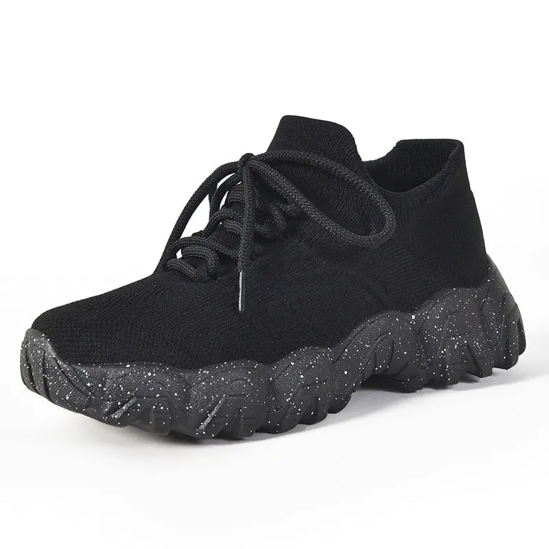 Lace-up fly-knit socks shoes with low heel platform sole, mesh upper, round toe, available in black and rose red
