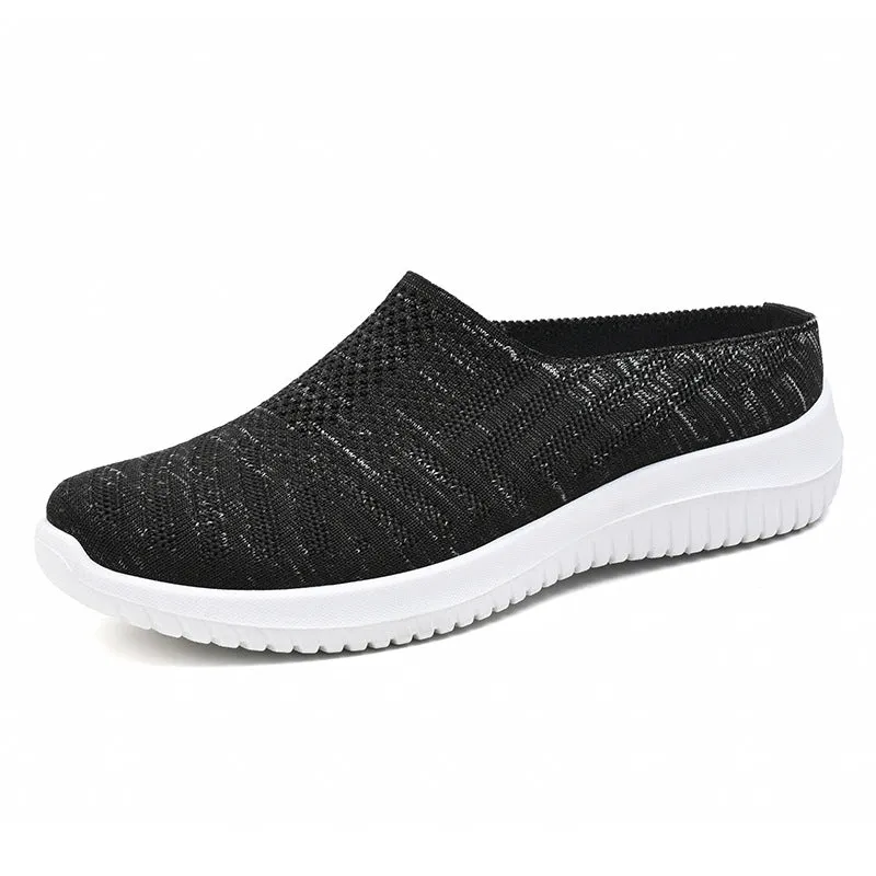 Plus size toe cap semi slippers in purple, gray and black with soft bottom and breathable mesh lining