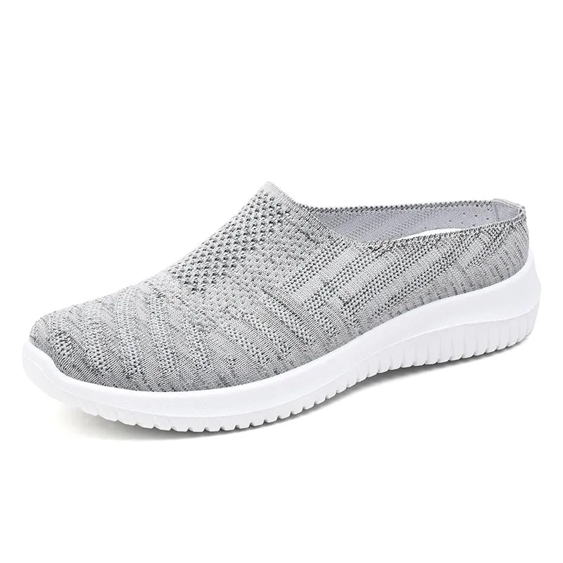 Plus size toe cap semi slippers in purple, gray and black with soft bottom and breathable mesh lining