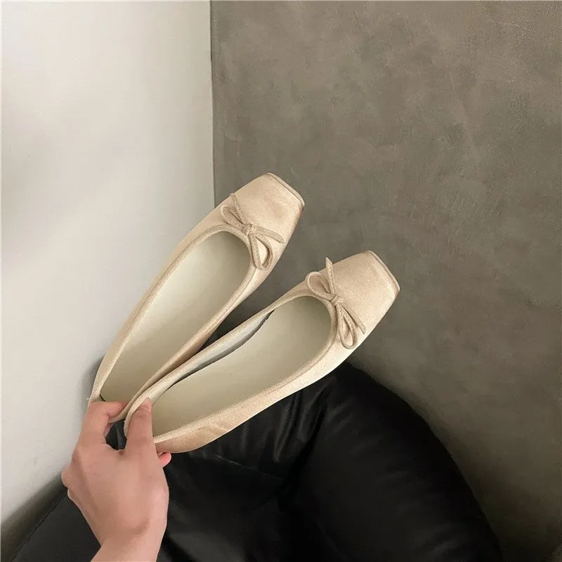 Women's square toe bow satin shoes with hidden heels in solid colour, rubber sole, size 35-40