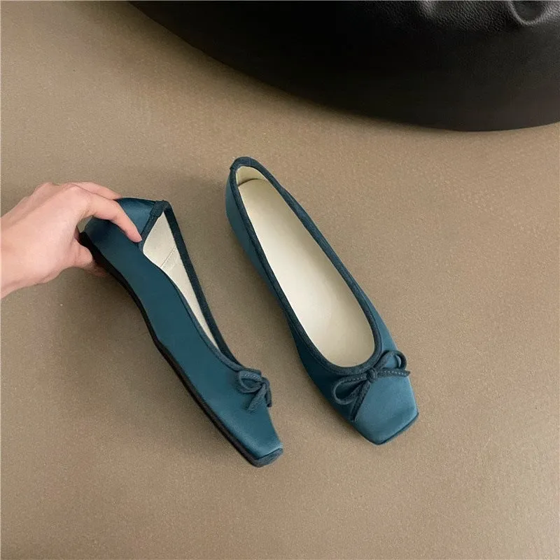 Women's square toe bow satin shoes with hidden heels in solid colour, rubber sole, size 35-40