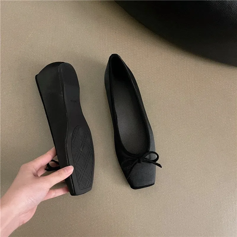 Women's square toe bow satin shoes with hidden heels in solid colour, rubber sole, size 35-40