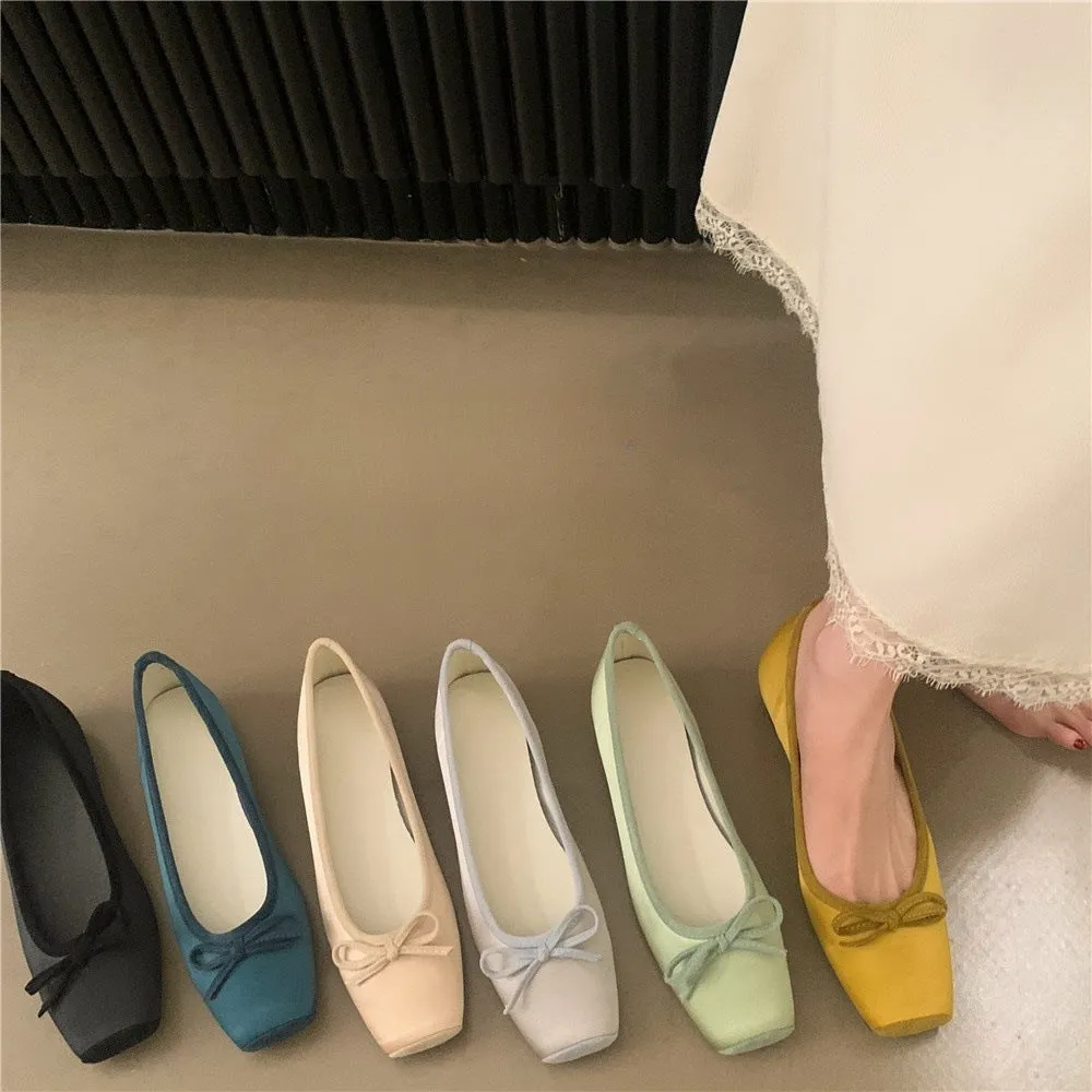 Women's square toe bow satin shoes with hidden heels in solid colour, rubber sole, size 35-40