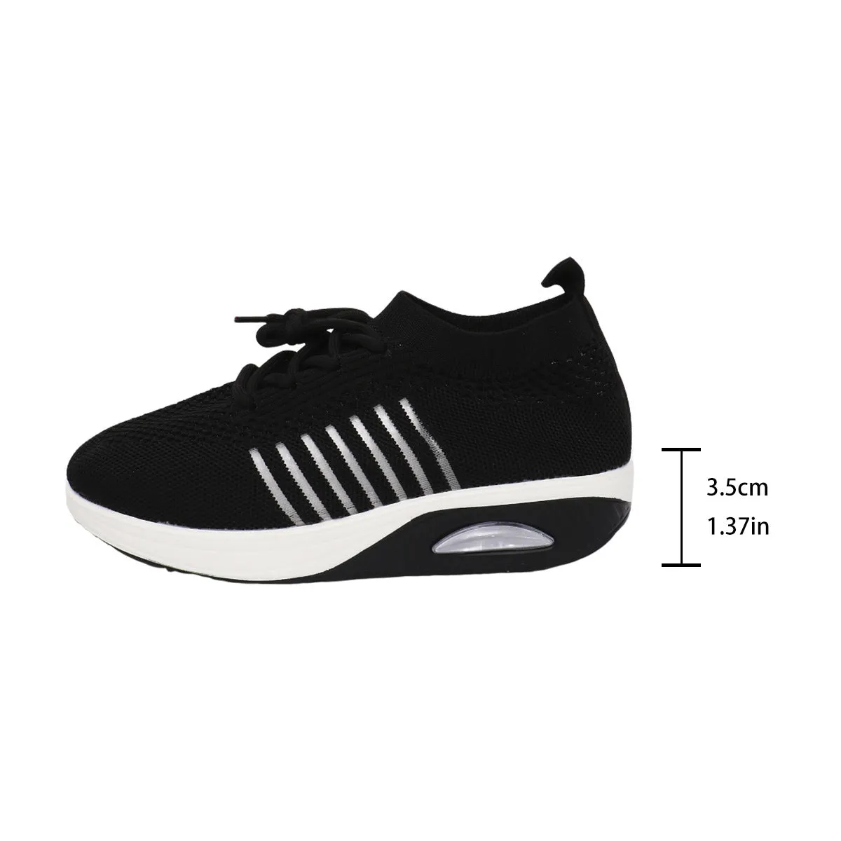 Women's lace-up slip-on wedge sports shoes in black with mesh upper and mid heel height increase