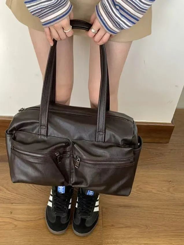 Commute minimalist large capacity one shoulder bag in PU leather retro style brown colour 48x28x11cm