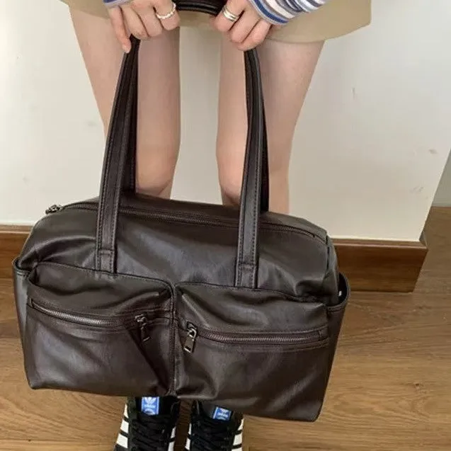 Commute minimalist large capacity one shoulder bag in PU leather retro style brown colour 48x28x11cm