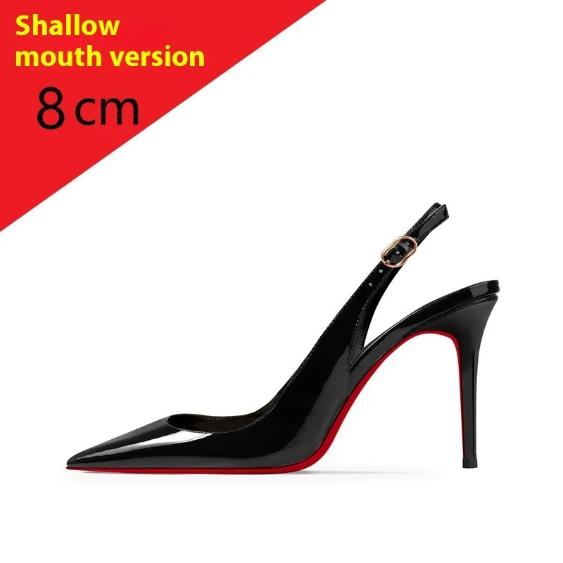 Women's black stiletto heel sandals with ankle strap and pointed toe on a red background