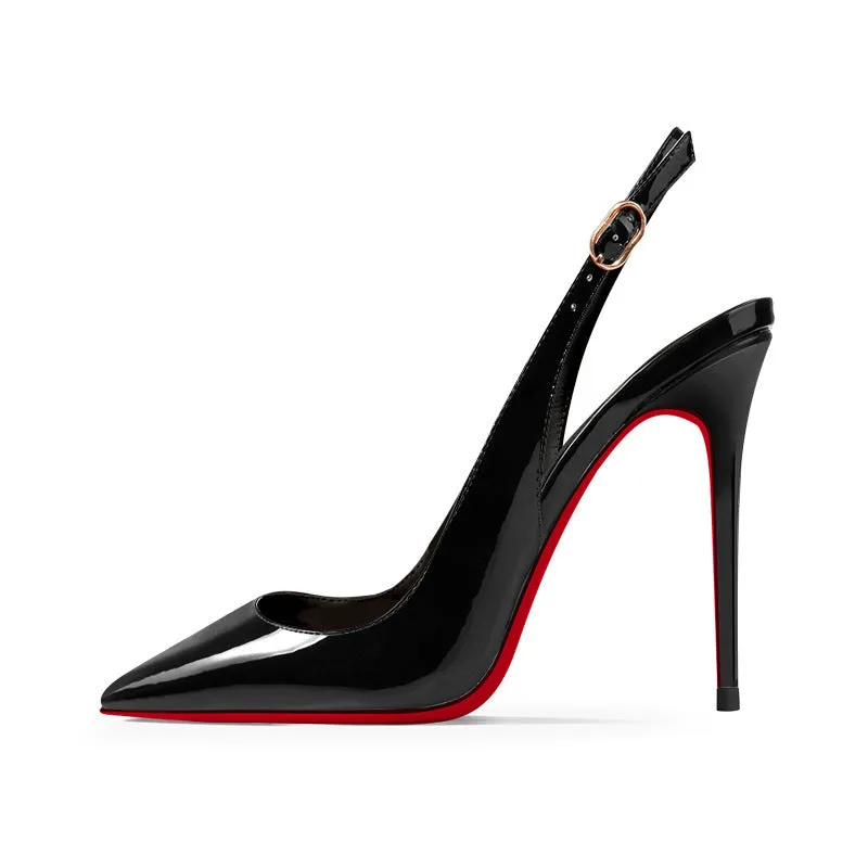 Women's black stiletto heel sandals with ankle strap and pointed toe on a red background