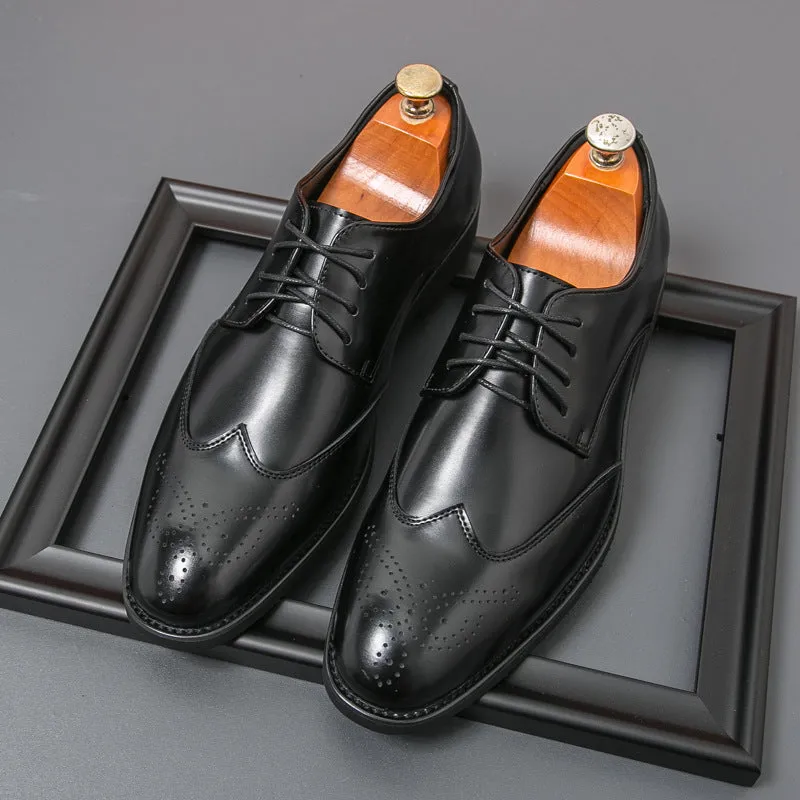Plus size men's black cowhide leather pointed toe formal dress shoes for office wear