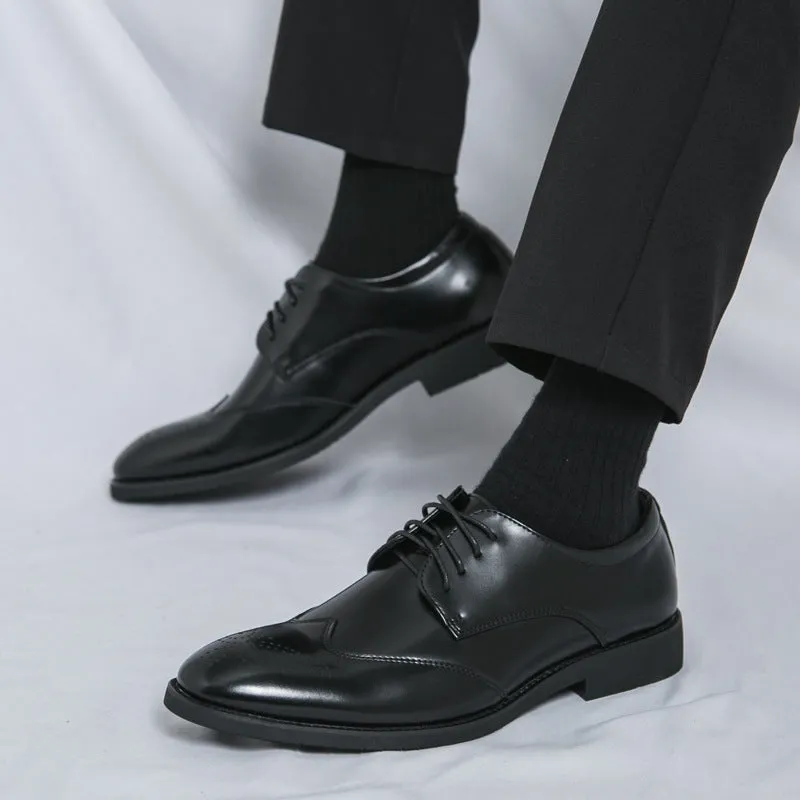 Plus size men's black cowhide leather pointed toe formal dress shoes for office wear