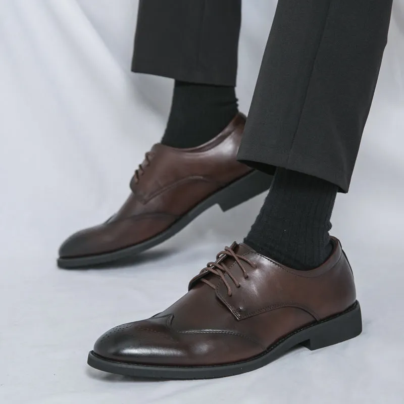 Plus size men's black cowhide leather pointed toe formal dress shoes for office wear
