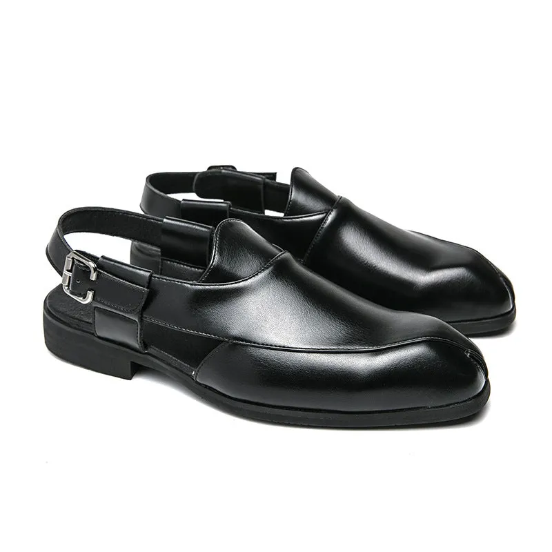 Plus size men's slip-on square toe artificial pu sandals in black with rubber sole and stitched detailing on a light background