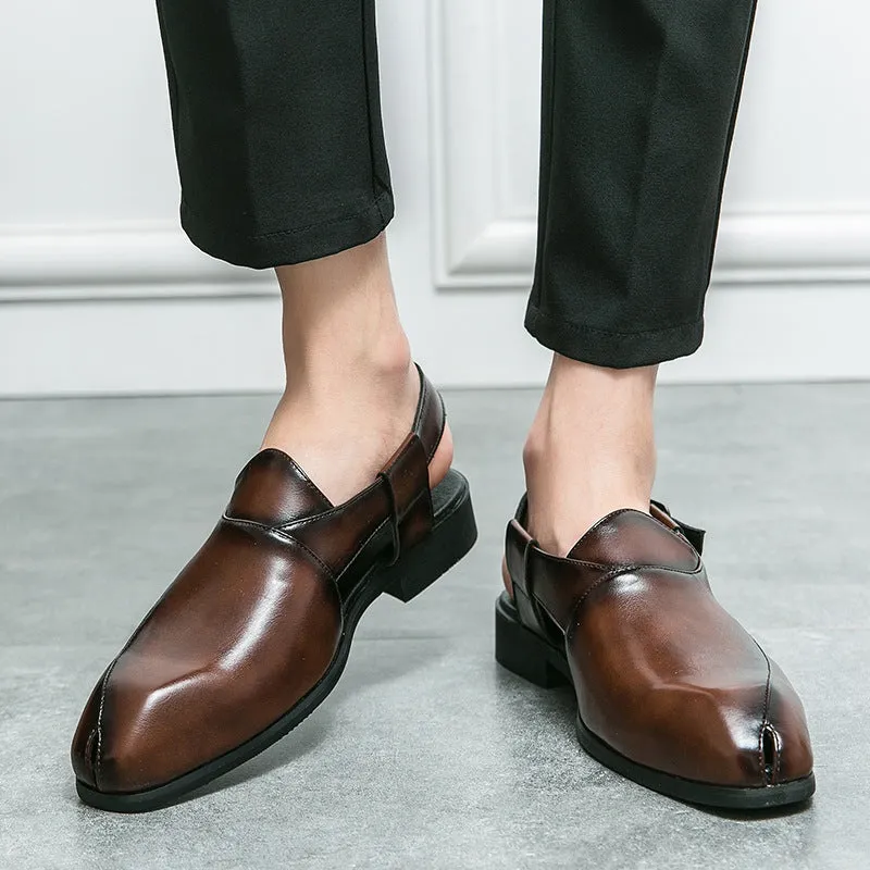 Plus size men's slip-on square toe artificial pu sandals in black with rubber sole and stitched detailing on a light background