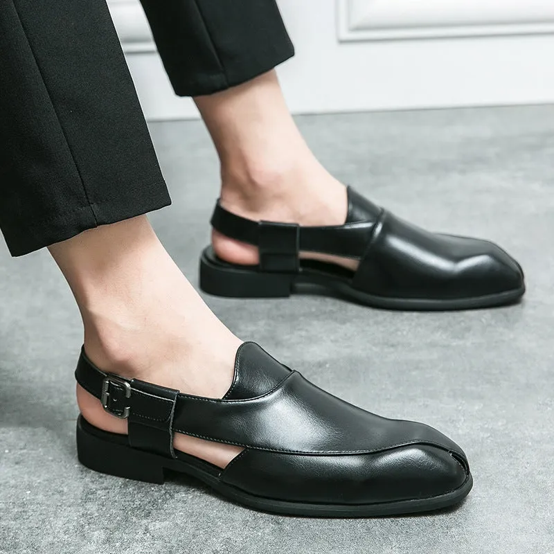 Plus size men's slip-on square toe artificial pu sandals in black with rubber sole and stitched detailing on a light background
