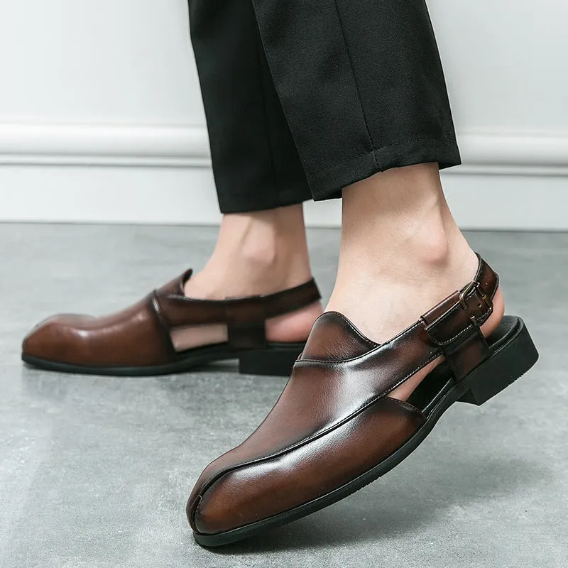 Plus size men's slip-on square toe artificial pu sandals in black with rubber sole and stitched detailing on a light background