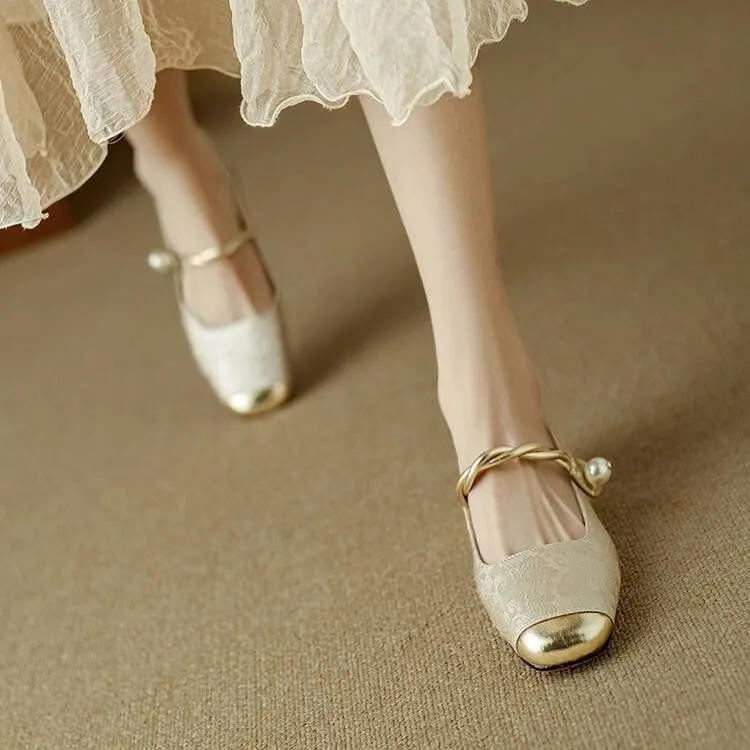 Women's retro French low-cut shoes with sequins, Velcro fastening, and low platform heel in beige, black, and green