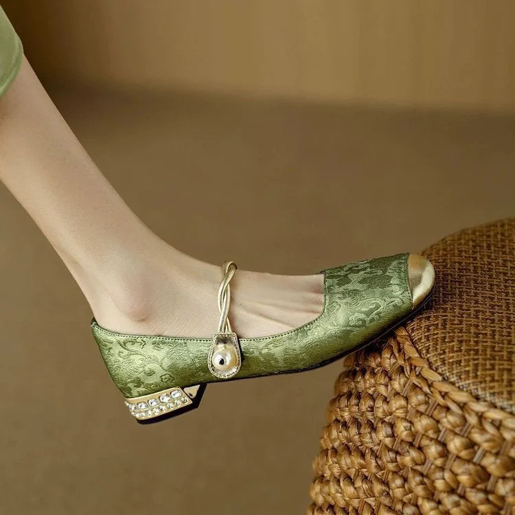 Women's retro French low-cut shoes with sequins, Velcro fastening, and low platform heel in beige, black, and green
