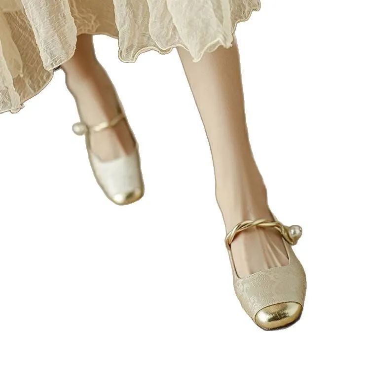 Women's retro French low-cut shoes with sequins, Velcro fastening, and low platform heel in beige, black, and green