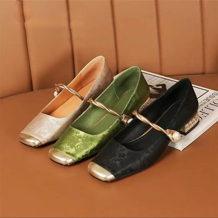 Women's retro French low-cut shoes with sequins, Velcro fastening, and low platform heel in beige, black, and green
