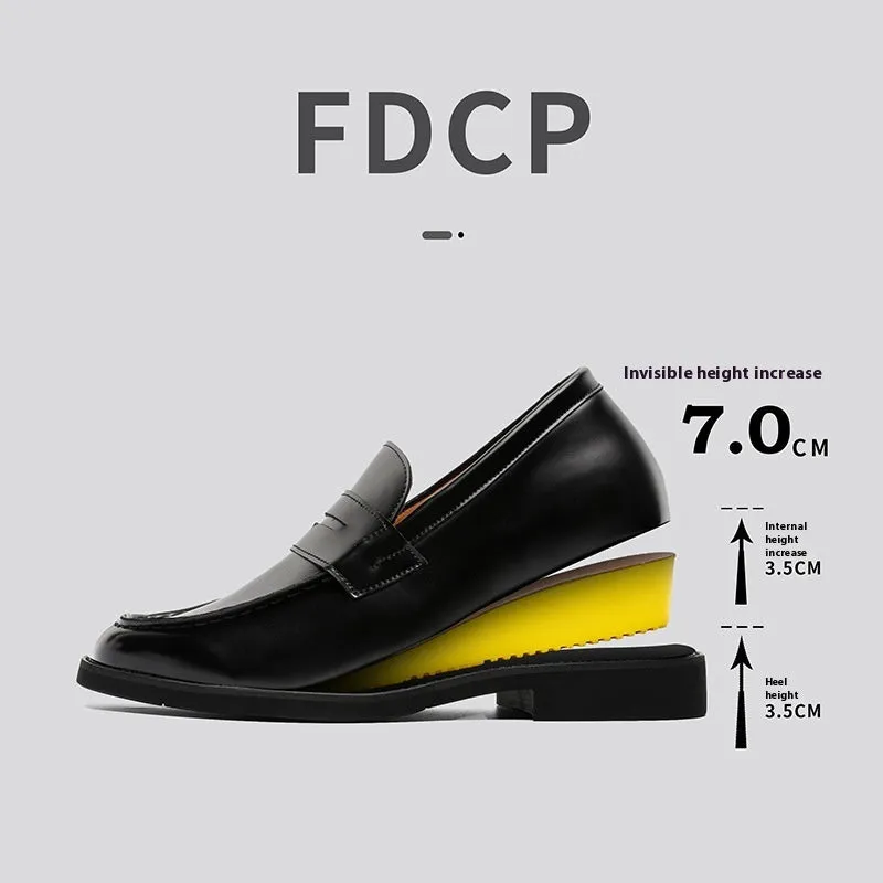 Black men's classic slip-on derby leather shoes with a rubber sole on a white background