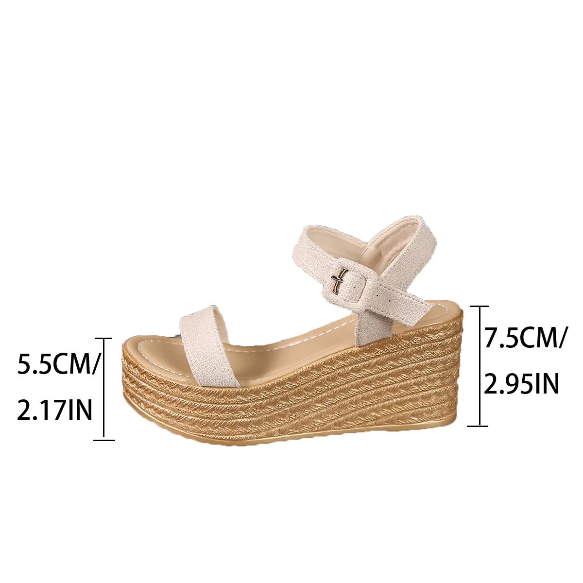 Women's platform wedge sandals with buckle fastening, matte suede-like upper, round toe, beige colour, side view
