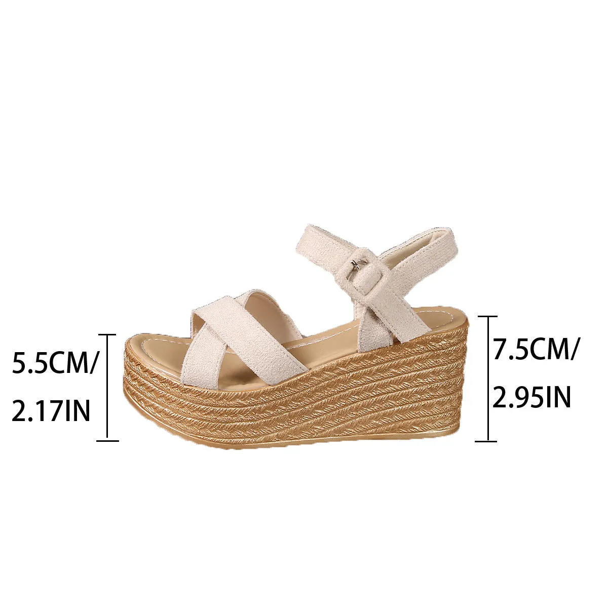 Women's platform wedge sandals with buckle fastening, matte suede-like upper, round toe, beige colour, side view