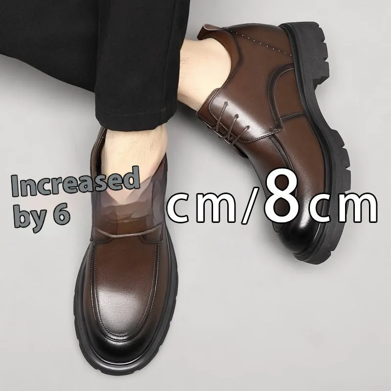 Height increasing formal leather shoes for men with 6cm lift, round toe, black colour, two-layer cowhide upper