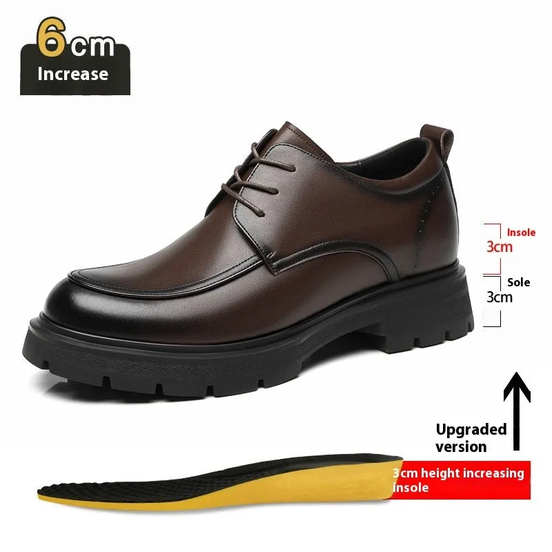 Height increasing formal leather shoes for men with 6cm lift, round toe, black colour, two-layer cowhide upper
