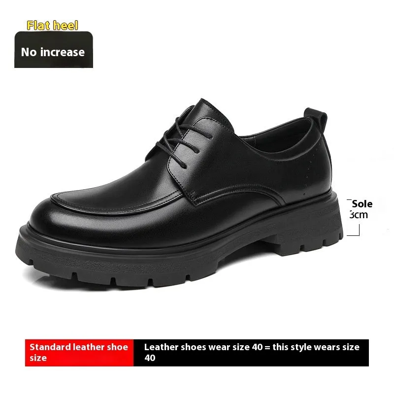 Height increasing formal leather shoes for men with 6cm lift, round toe, black colour, two-layer cowhide upper