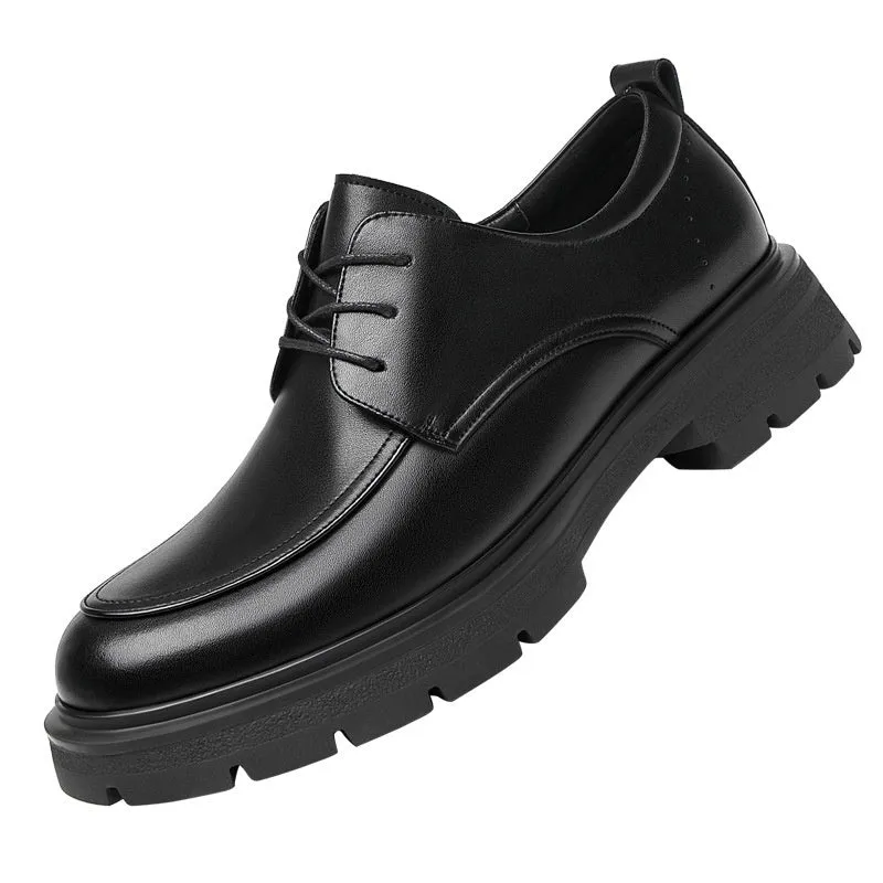Height increasing formal leather shoes for men with 6cm lift, round toe, black colour, two-layer cowhide upper