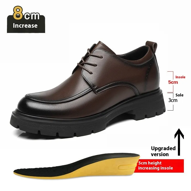 Height increasing formal leather shoes for men with 6cm lift, round toe, black colour, two-layer cowhide upper