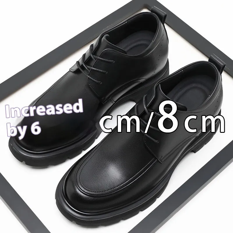 Height increasing formal leather shoes for men with 6cm lift, round toe, black colour, two-layer cowhide upper