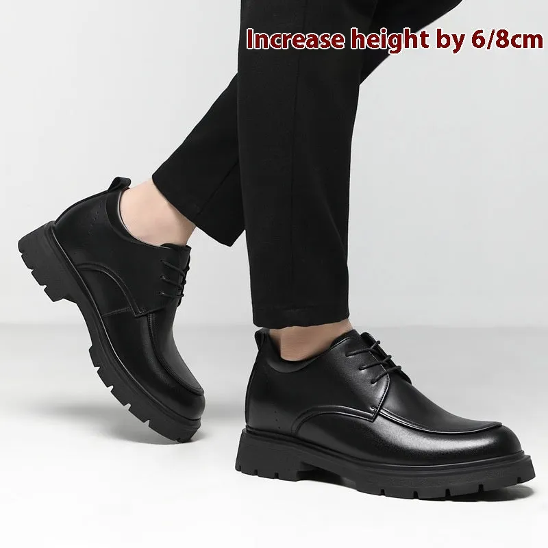 Height increasing formal leather shoes for men with 6cm lift, round toe, black colour, two-layer cowhide upper