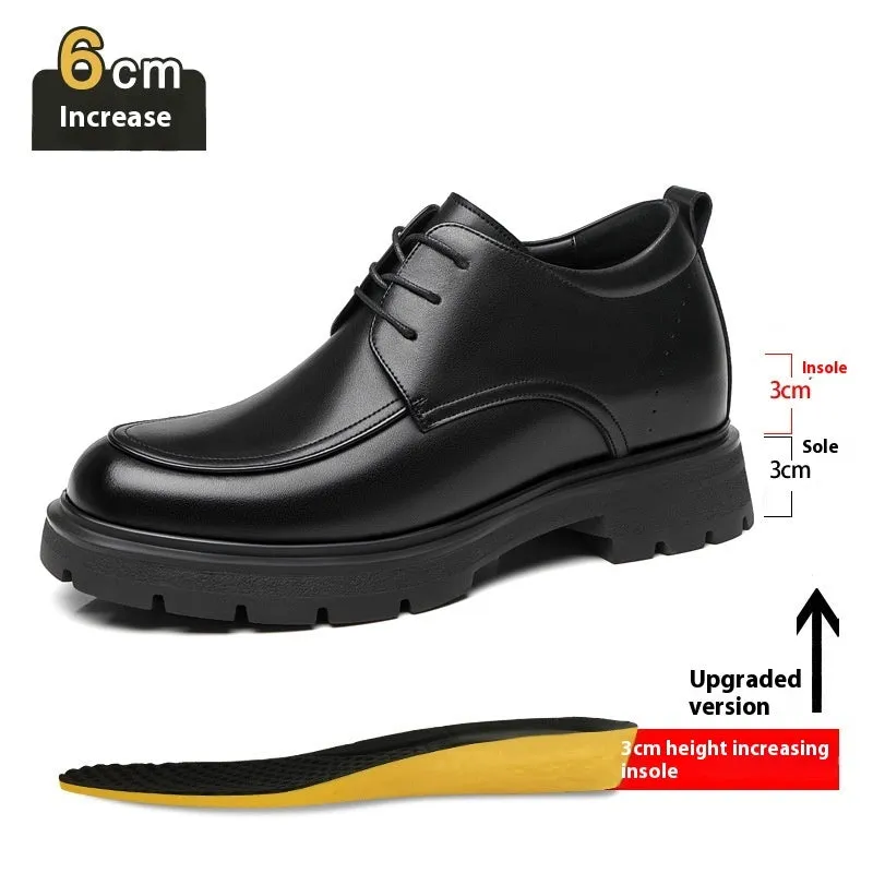 Height increasing formal leather shoes for men with 6cm lift, round toe, black colour, two-layer cowhide upper