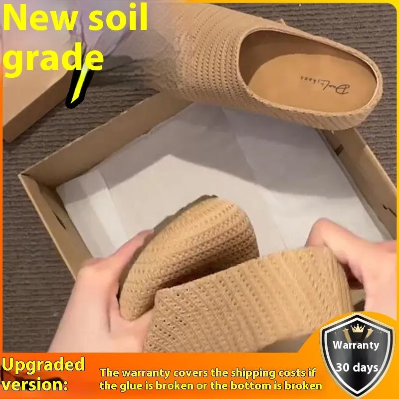 Women's non-slip baotou boken slippers in cloth with rubber sole, showing colour options and round toe design