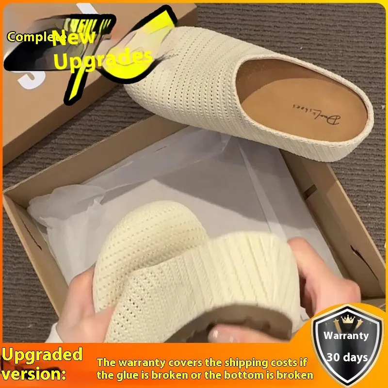 Women's non-slip baotou boken slippers in cloth with rubber sole, showing colour options and round toe design