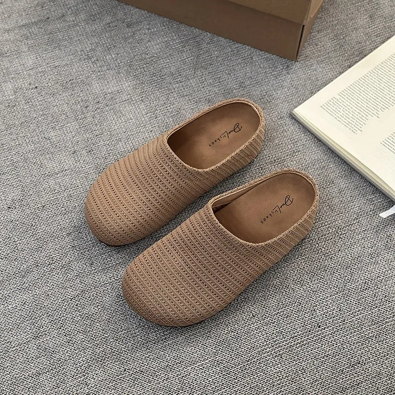 Women's non-slip baotou boken slippers in cloth with rubber sole, showing colour options and round toe design